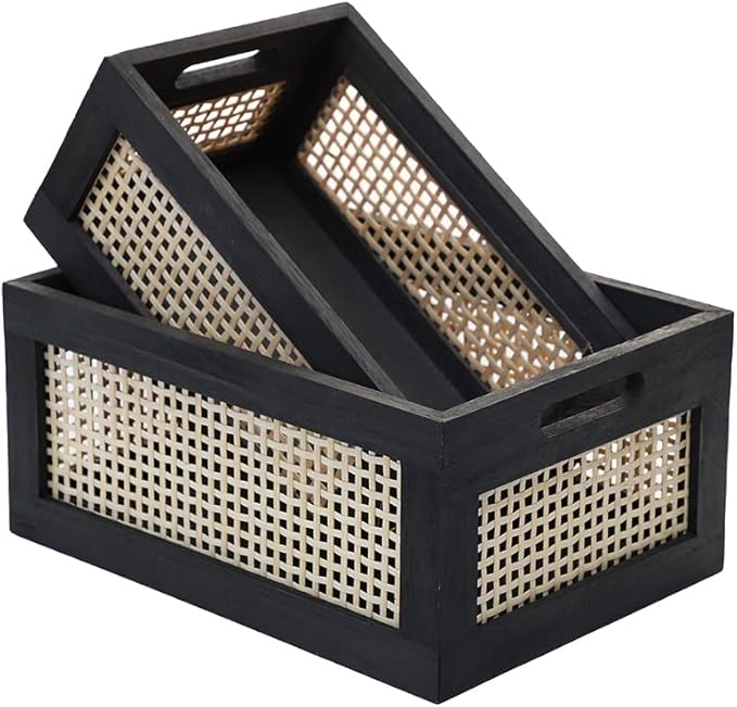 Wood Baskets, Rattan Storage Baskets for Organizing, Black, Set of 2